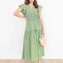 Wenrine Womens Dresses 2026 Summer V-Neck Ruffle Cap Sleeve Empire Waist Flowy Beach Midi Maxi Dress with Pockets (Green, S)