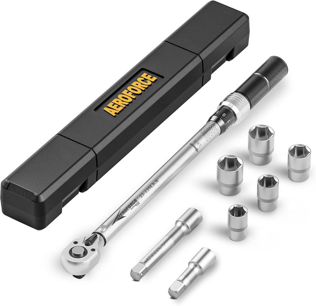 AEROFORCE 8Pcs 1/2-inch Drive Torque Wrench Set23-159 Lb.ft/31.3-216.2 Nm, 72-Tooth Professional Precision Torque wrench with CR-V Sockets 17-24 mm & Extension bar