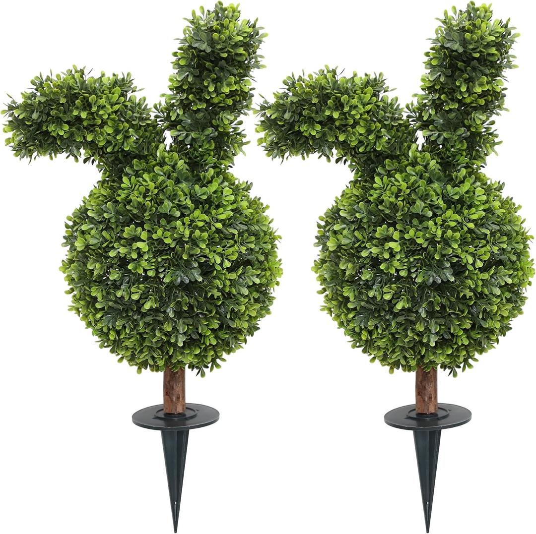 Damomo 27'' Artificial Bunny Shaped Topiary Trees with Ground Spike Set of 2, Outdoor Indoor Faux Boxwood Topiary Ball Bushes Potted Fake Shrubs Front Porch Decor Outside Garden