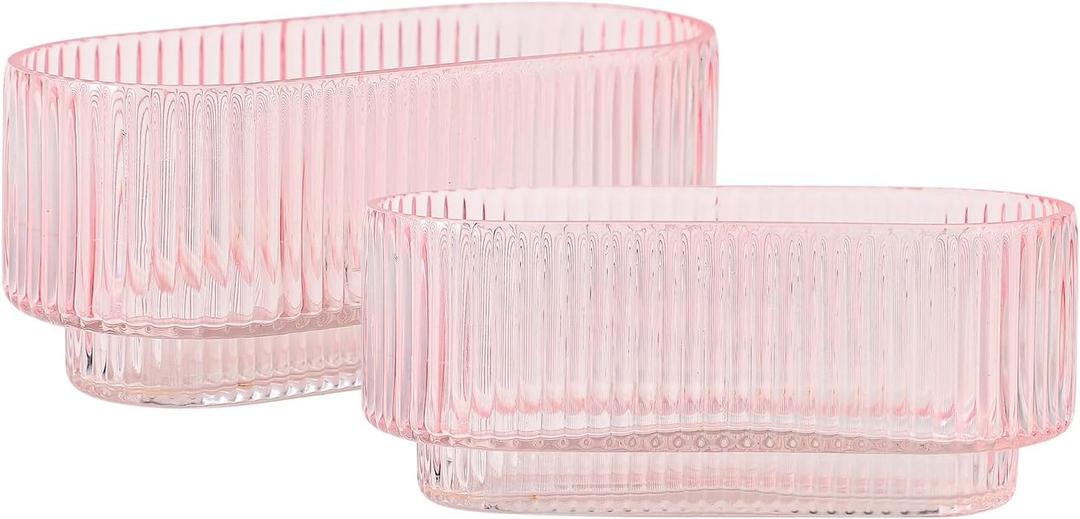 Ribbed Glass Vases, Small Vases for Flowers Set of 2, Pink Glass Vases, Vases for Centerpieces, Bud Vases, Rectangle Vases for Living Room, Bedroom, Kitchen, Dining Table, Shelf, Wedding