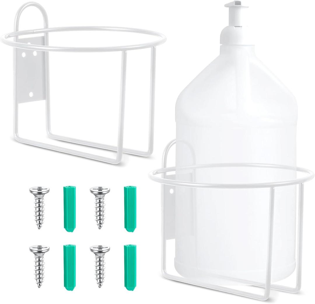 Hicarer 2 Pcs One Gallon Jug Storage Rack Wall Mounted Heavy Duty Steel Wall Rack for 1 Gallon Bottle Round Water Jug Holder with Hardware Hand Sanitizer 6-3/4" W x 5" H x 6-1/2" D (White)