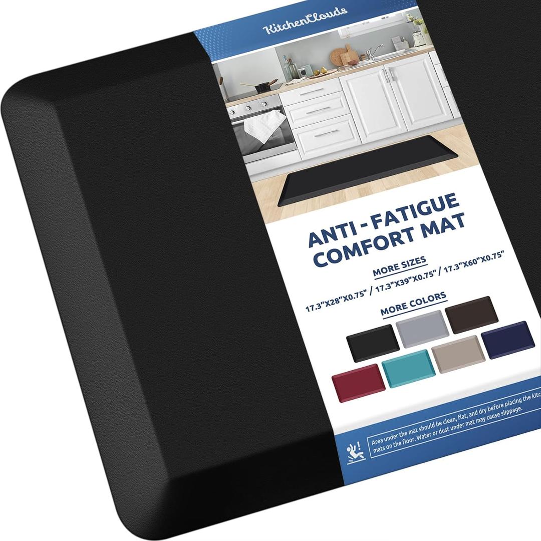 KitchenClouds Kitchen Mat Cushioned Anti Fatigue Kitchen Rug Non Slip Standing Mat Comfort Floor Mats for Sink Office (17.3"x39"- 0.8inch, Black)