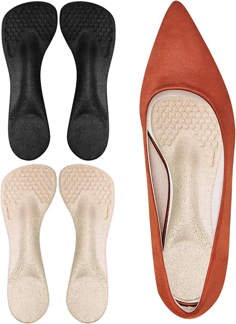 3/4 High Heel Cushion Insoles, Self-Adhesive Arch Support Inserts for Flat Feet and Arch Pain Relief, Gel Shoe Inserts for Sandal, Flats and High Heels (2 Pairs, Beige+ Black, Women's 5-8.5)