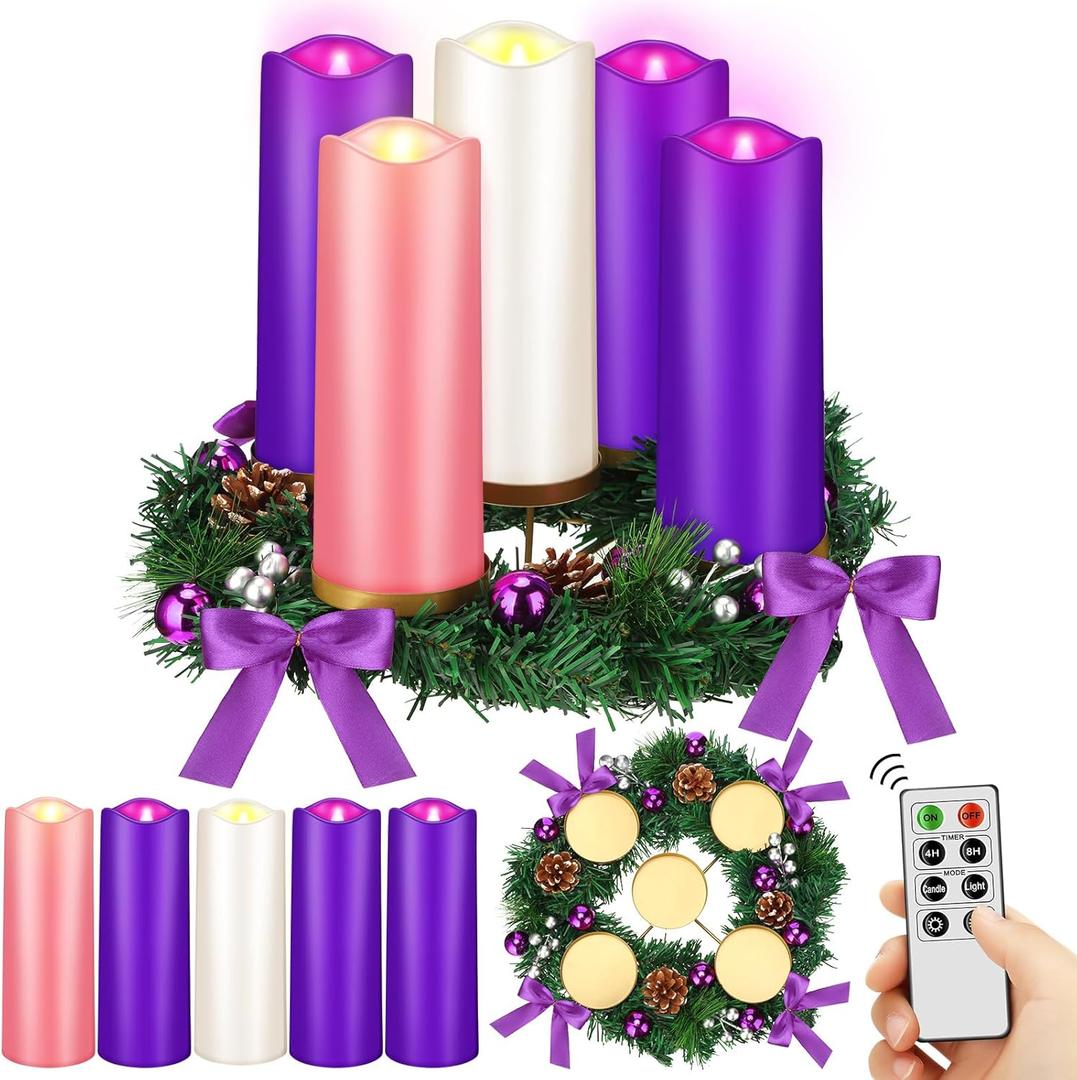 Tioncy 12 Inch Christmas Advent Wreath Candle Holder with 5 Flameless Candles Remote Control Wreaths Holder Centerpiece Decoration with Berries(Trendy,8 x 3 x 3 in)