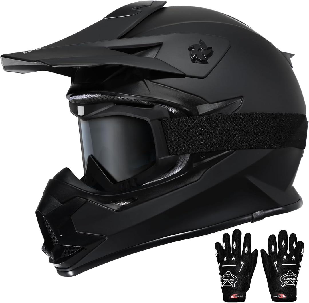 TRIANGLE Adult Dirt Bike Helmet Full Face Motorcycle Helmets with Adjustable Goggles & Gloves - DOT/FMVSS-218 Certified Motocross Helmet for Off-Road ATV BMX UTV (Matte Black)