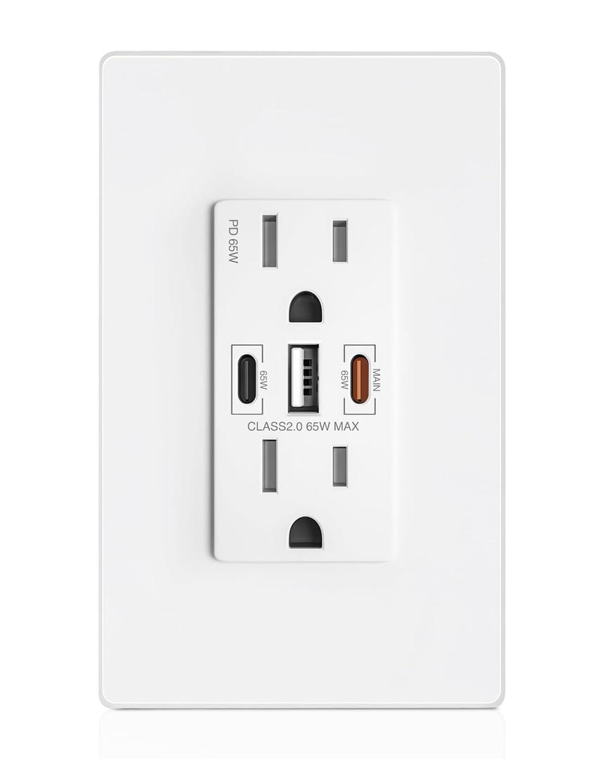 USB Wall Outlet, 65W GaN USB Outlet Receptacles with 3 USB Ports,15 Amp Tamper-Resistant Electrical Outlet with 1 Type A&2 Type C,Screwless Wall Plate Included,UL Listed