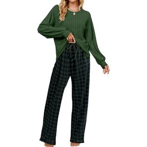 Blooming Jelly Womens Lounge Set Cute Long Sleeve Pajama Sets Casual 2 Piece Pj Outfit Fall Sleepwear Pockets (XX-Large, Green Plaid)