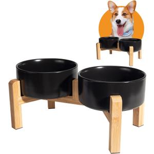 Elevated Ceramic Dog Bowl Set - Raised Dog Bowls with Non-Slip Bamboo Stand - Dog Food and Water Bowl Set - Double Dog Feeding Bowls - Suitable for Small and Medium Dogs - 28.74 OZ - 3.6 CUPS - 850 ML (Black)