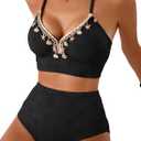 Herseas Women's Seashell Textured Bikini Sets Stitching Ribbon Shell Decoration Swimsuits High Waisted Bathing Suits (Medium, Black)