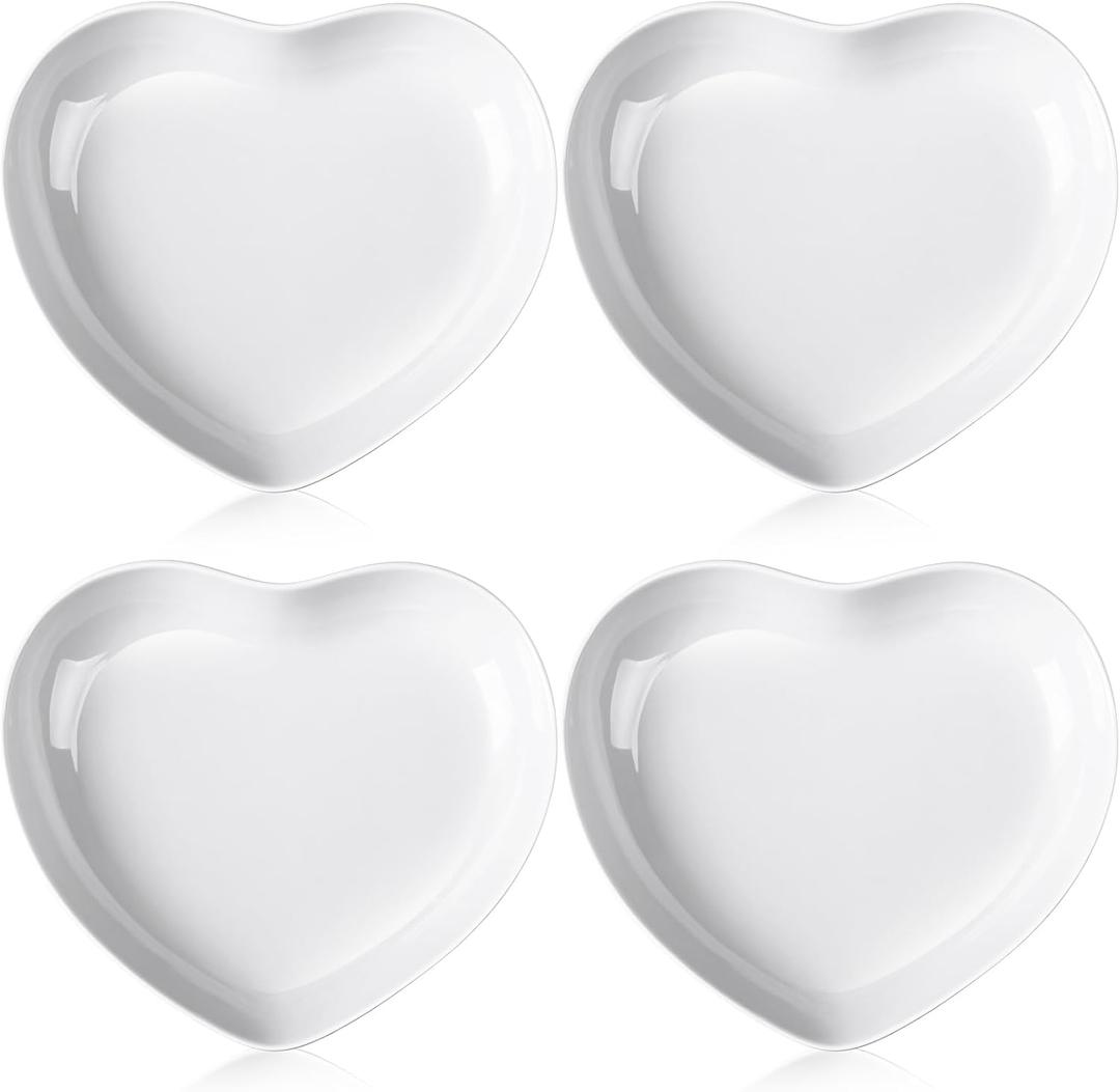 Tioncy 4 Pcs Ceramic Heart Shaped Plates 9 Inches Valentines Day Porcelain Heart Bowls Cute Dinner Dishes for Dessert Salad Appetizer Party Supplies(White)