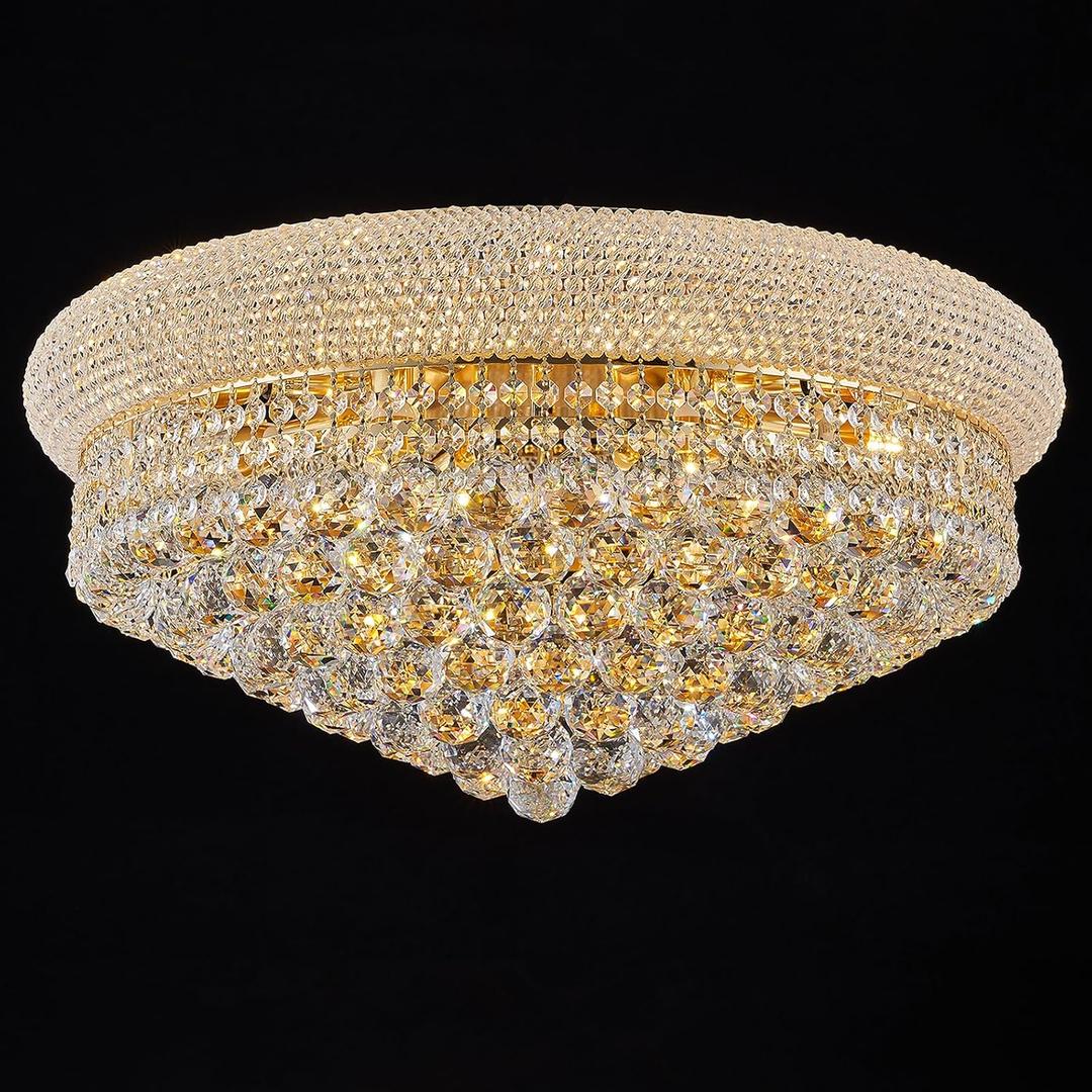 12 - Light Flush Mount Crystal Chandelier for Living Room Dining Room Entryway Hallway Bedroom Foyer Gold Finish, Size: 24"