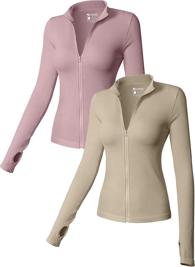 OQQ Womens 2 Piece Long Sleeve Tops Stand Neck Front Zipped Stretch Fitted Underscrubs Tee Shirts Tops (XL)