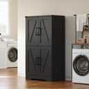 Treocho Bathroom Floor Cabinet, Farmhouse Bathroom Storage Cabinet with Doors and Adjustable Shelves, Freestanding Kitchen Pantry Cabinet, Cupboard for Living Room, Dining Room, Black