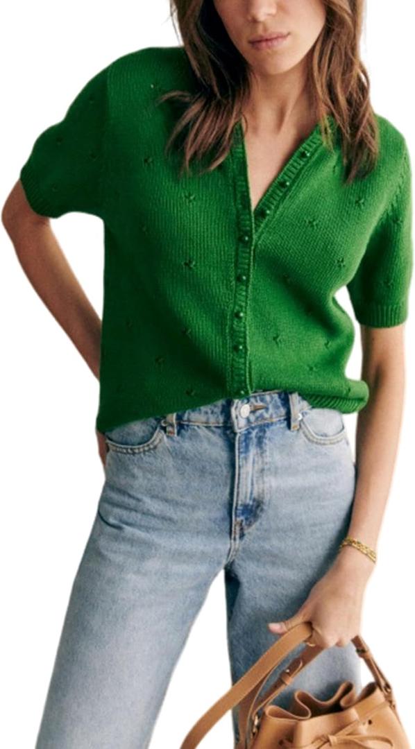 Bianstore Women's Casual Short Sleeve Crewneck Button Down Cardigan Sweater Crochet Knit Top,large