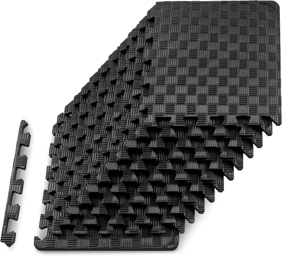 ProsourceFit Exercise Puzzle Mat 1-in, Checkered EVA Foam Floor Tiles w/ Non-Slip Texture, Gym Mat w/ Interlocking Foam Tiles for Adjustable Surface, Shock Absorbing, Waterproof Gym Flooring, Black (Black - 1/2 Inch - 12 Tiles - 12 Sq Ft)