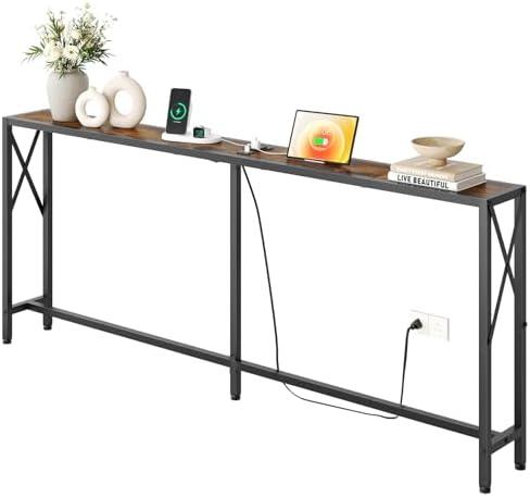Gewudraw 70 in Skinny Sofa Table Behind Couch，Console Table with Oulets & USB Ports for Hallway, Entryway,Living Room, Bedroom, Rustic Brown