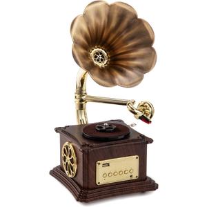Mini Gramophone Vintage Copper Horn Record Player with Bluetooth, USB, AUX, FM Radio and Built-in Speakers for Gift Home Decor