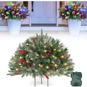 Pre-Lit Artificial Christmas Tree Urn Filler,Lighted Holiday Planter Filler Outdoor,Prelit Planter Bushes Christmas,with Lights and Tripod Stake,8 Modes & Timer,Holiday Porch,Patio(Green-A,1PC) (6in)