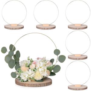 Leinuosen 18 Pcs Rustic Wedding Table Centerpiece 12 Inch Metal Floral Hoop Centerpiece with Stand for Tables Gold Wreath Ring 6pcs 9-10 Inch Unfinished Round Wood Slices for Rustic Farmhouse Wedding