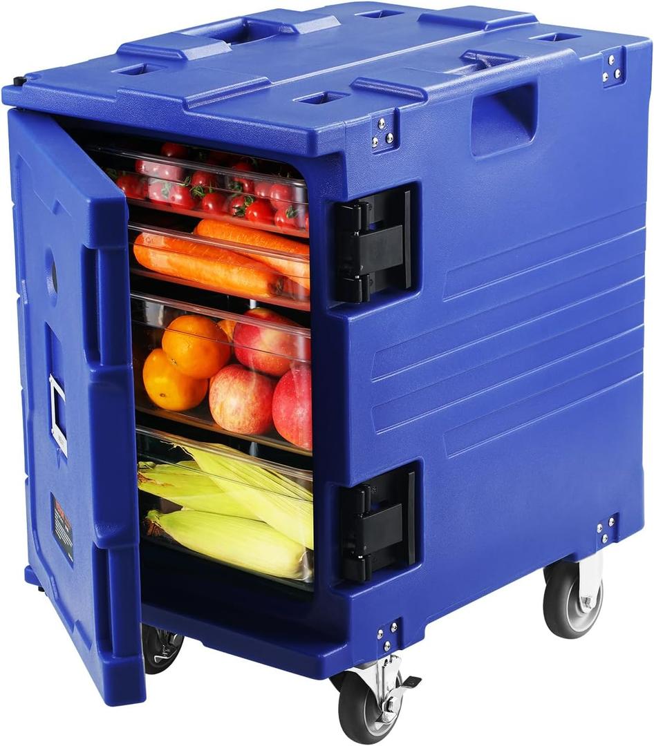 VEVOR Insulated Food Pan Carrier, 95 Qt Hot Box for Catering, LLDPE Food Box Carrier w/One-Piece Buckle, Front Loading Food Warmer w/Handles, End Loader w/Wheels for Restaurant, Canteen, etc. Blue