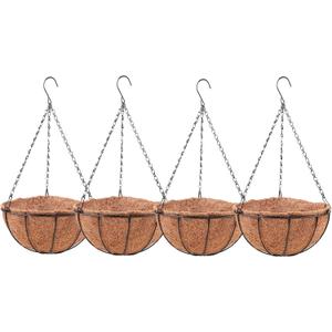 LaLaGreen Hanging Baskets for Plant Outdoor (16 Inch, 4 Pack) Extra Large Hanging Planter with Coco Liner Black Round Metal Wire Flower Pot Holder Hanger Deck Porch Garden Balcony Rustic Country Decor