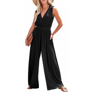 Dokotoo Jumpsuit for Womens Dressy Casual Wrap V Neck Resort Wear One Piece 2025 Sleeveless Long Romper Open Back Elastic Waist with Pockets Outfits for Summer, Black, X-Large
