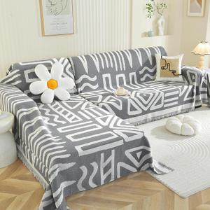 Royhom Sectional Couch Covers 2 Pieces, L Shaped Couch Cover Blanket, Boho Sofa Covers Washable, Sofa Slipcover with Tassel, Suitable for All Seasons (71"x118"+91"x134", Dark Grey)