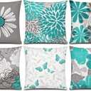 COMMINY Teal Grey Pillow Covers 18x18 Set of 6 Decorative Daisy Flower Throw Pillow Cover for Couch Modern Turquoise Pillow Case for Patio Living Room Cushion Bed Farmhouse Home Decor