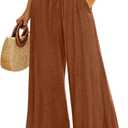 YESNO Women Wide Leg Pants Summer Flowy Ruffle Hem Pants Drawstring Elastic Waist Casual Trousers with Pockets PFL (Brown, L)