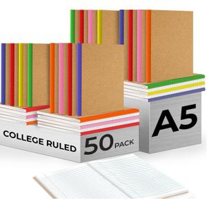 Rosmonde 50 Pack Bulk Kraft Journals, A5, Extra Pages - 120 Pages (60 Sheets), College Ruled, 8 x 5.7, No-Bleed Paper, Bulk Composition Notebooks Lined, Kraft Composition Notebook for School