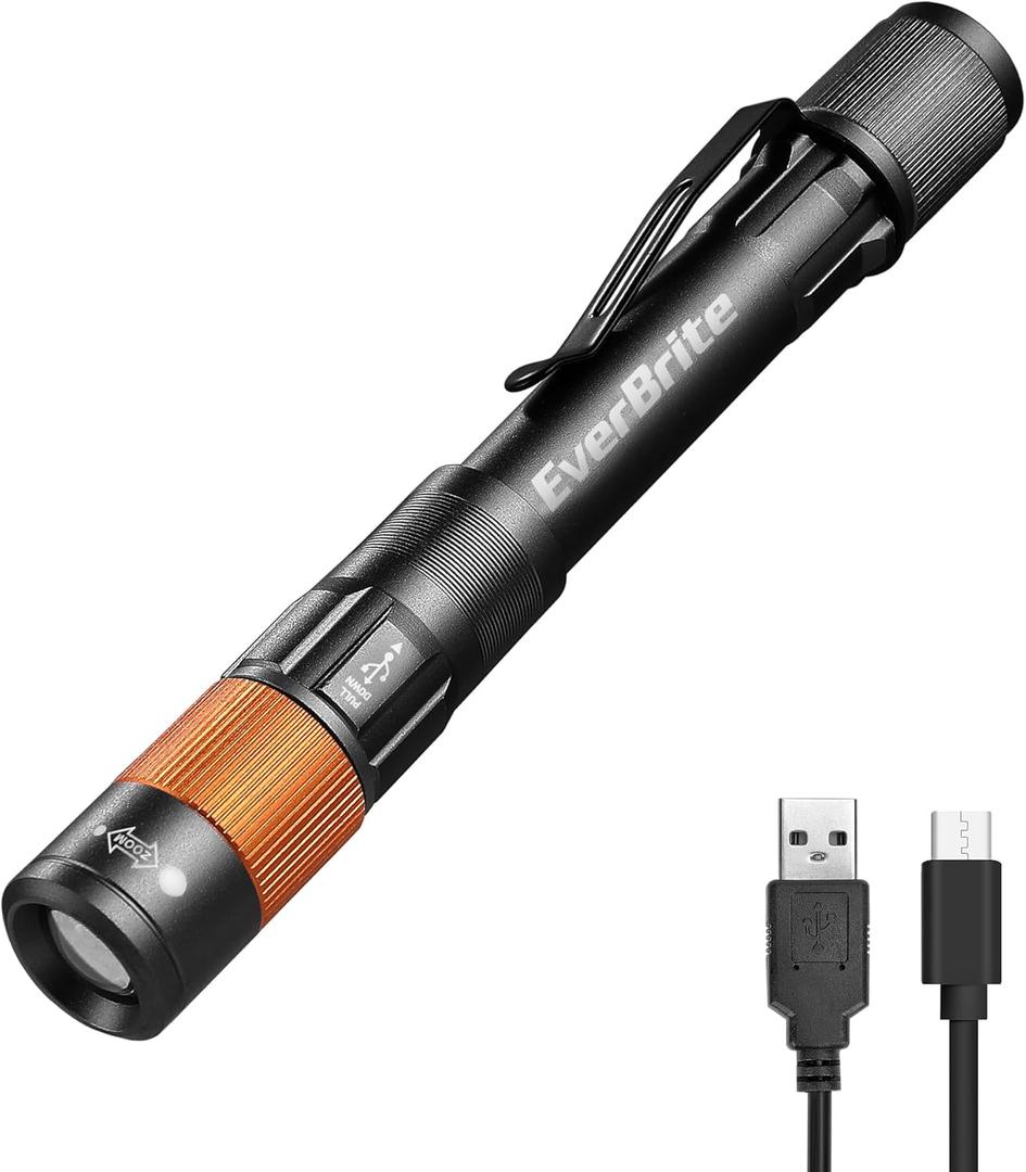 EverBrite Rechargeable Pen Light, 300 Lumens EDC Flashlight, Zoomable LED Pocket Flashlight with Clip, Memory Function and USB C Cable Included, for Camping, Emergency, Charcoal Black