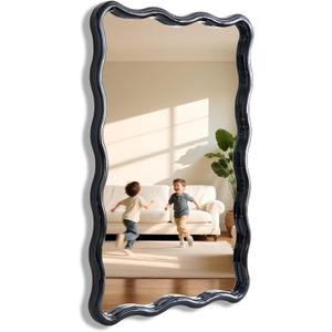 Wavy Bathroom Mirror Black Rectangle Scalloped 24x36 Modern Wood Farme Mirror Wall Mirror for Bathroom Entryway Living Room Bedroom Hallway