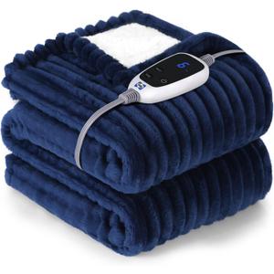 SEALY Heated Blanket Electric Throw, 50"x60" Heating Blanket Throw, 6 Heat Levels & 2-10 Hours Auto-Off Over-Heat Protection, Ribbed Flannel to Sherpa, Machine Washable, Navy Blue
