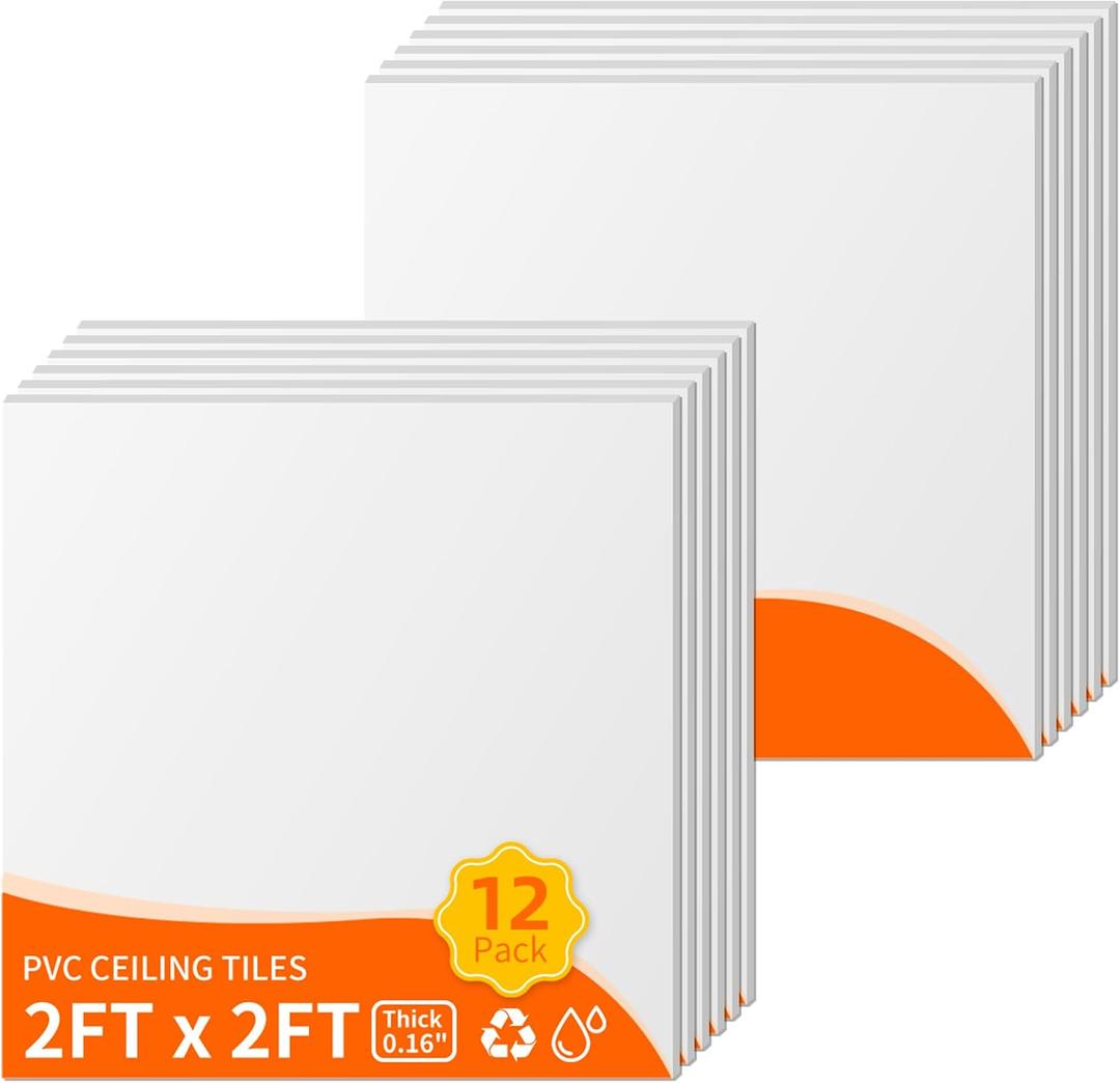 12-Pack 24"x24" Smooth Drop Ceiling Tiles, 2x2 ft Decorative PVC Ceiling Tiles for Residential & Commercial Decor, Covers 48 Sq.Ft., White