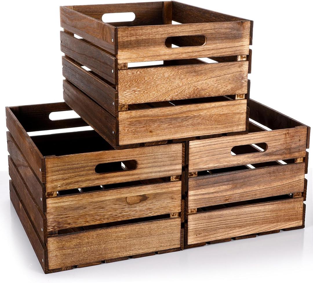 Weysat 3 Pack Large Wood Crates Box for Storage 16 x 12 x 9.5 Inches Unassembled Wooden Milk Crates with Handle Decorative Nesting Box for Display Rustic Decor DIY Office Home Retail Art Craft (Brown)