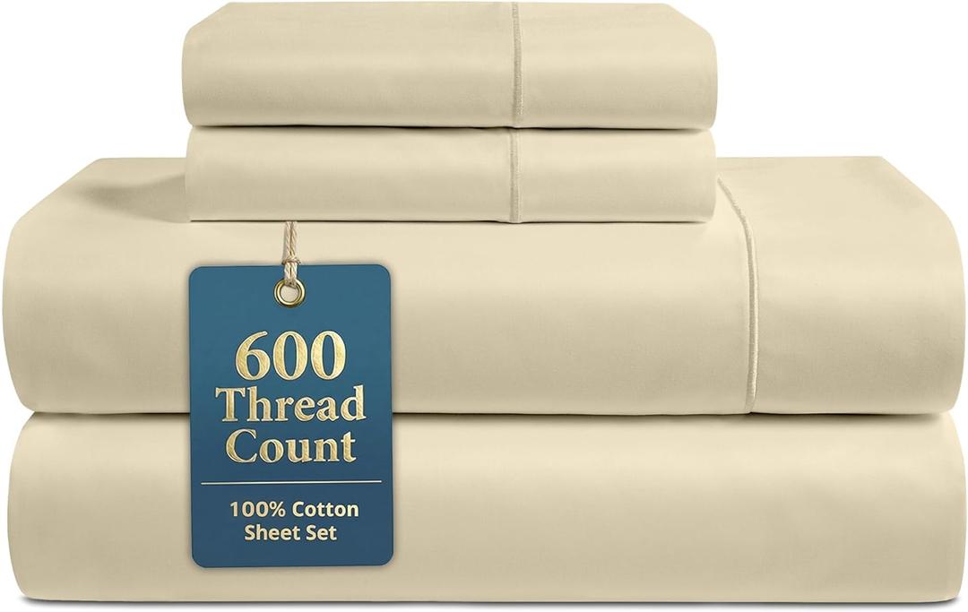 LANE LINEN King Size Bed Sheet Set  600 Thread Count Long-Staple 100% Cotton Sheet Set King Size, Hotel Premium Soft Silky Sateen Finish, Durable Bedding Set, Elasticised 15" Deep Pocket  Linen