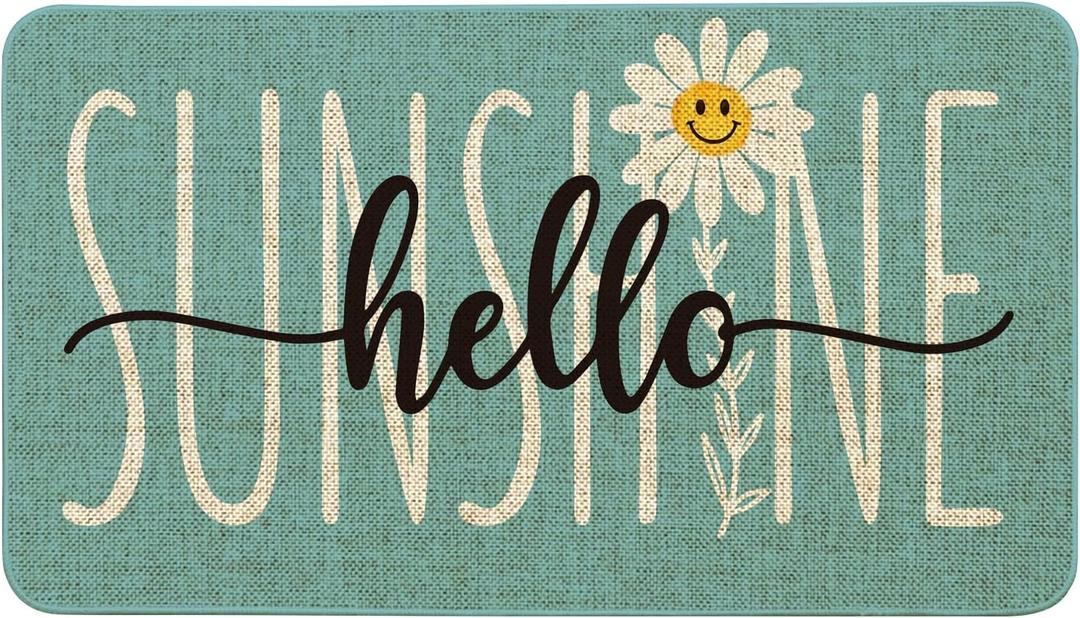 Spring Summer Front Door Mat Outdoor Non-Slip Teal Hello Sunshine Doormat Outdoor Rug Summer Door Mats for Porch Outside Entrance Decor 17"x30"