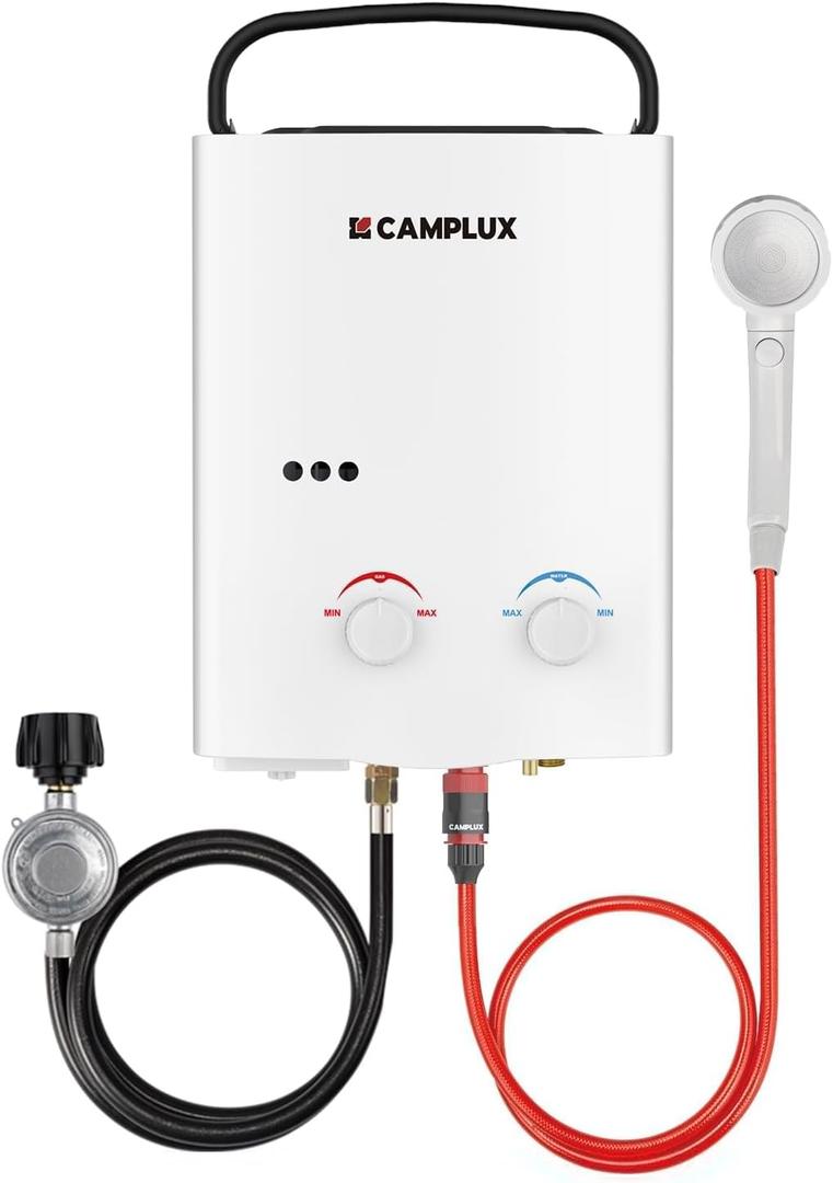 CAMPLUX Tankless Water Heater Outdoor, 1.32 GPM Portable Propane Camping Water Heater, 5L, AY132, White