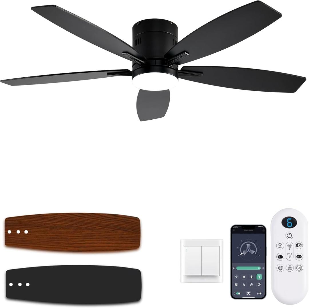 KNUN 52 Inch Flush Mount Ceiling Fan with Light and Remote/App Control,Black Ceiling Fans with Lights, 3CCT,Dimmable,Noiseless,Low Profile Ceiling Fan for Indoor/Outdoor Use