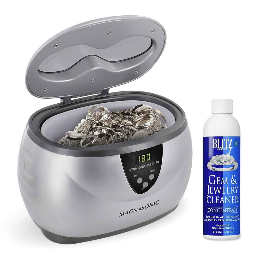 Magnasonic Ultrasonic Cleaner, 20oz Stainless Steel Tank, Digital Timer, 5 Cleaning Modes, w/ 8oz Gem & Jewelry Cleaner Concentrate Solution for All Jewelry, Eyeglasses, Watches, Dentures, Retainers (Silver)