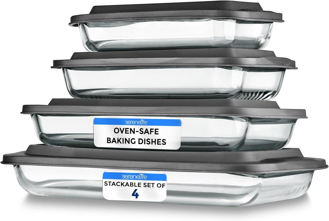 SereneLife 4-Piece Glass Baking Dish with Lids Set - Heavy Duty Rectangular Glass Baking Pan with BPA-Free Lids, Oven-Safe Bakeware for Lasagna, Meats, Desserts, & More - Dishwasher Safe, Black (Gray)