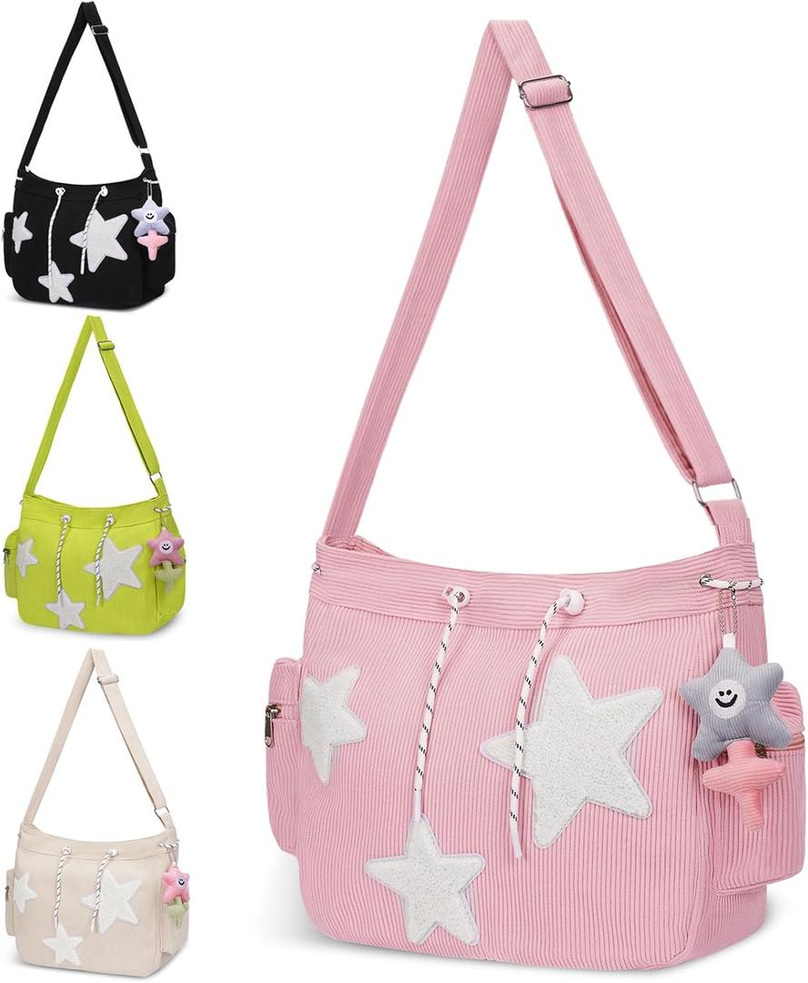 Cute Tote Bag for Women, Aesthetic Canvas Crossbody Bag Y2k Star Hobo Shoulder Purse Kawaii Zipper Messenger Bag (Pink-corduroy)