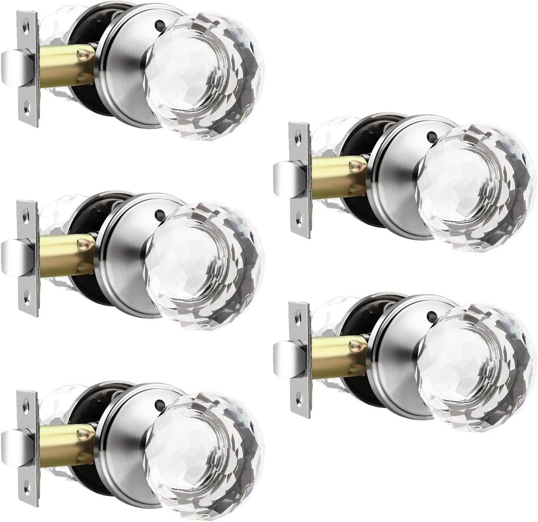 5 Pack Crystal Door Knobs Interior, Elegant Satin Nickel Glass Door Knobs, Keyless Privacy Door Locks for Bedrooms and Bathrooms