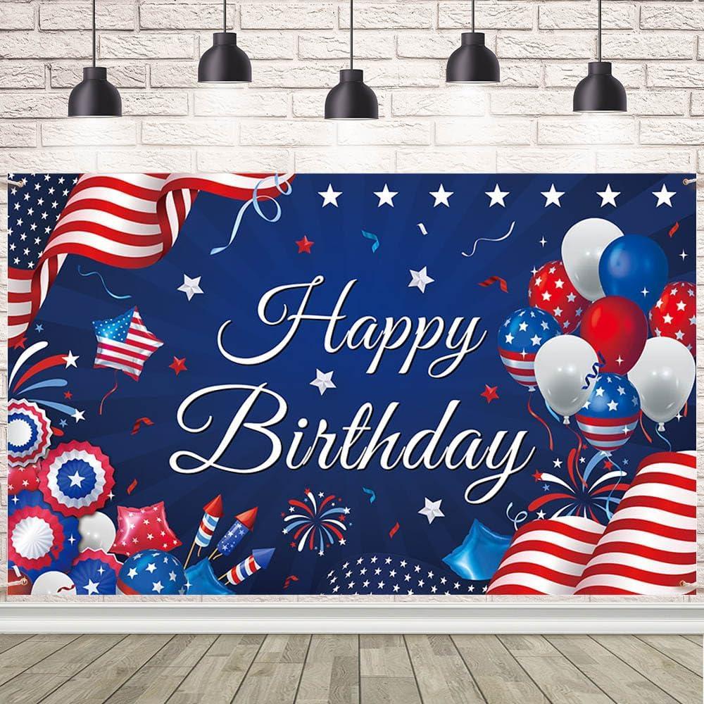 Happy Birthday Banner Birthday 4th of July USA Banner Memorial Patriotic Decorations for Independence Day Party Supplies Patriotic Theme Backdrop Poster for Party Decor 70.8 x 43.3 inch (5.9x3.6ft)