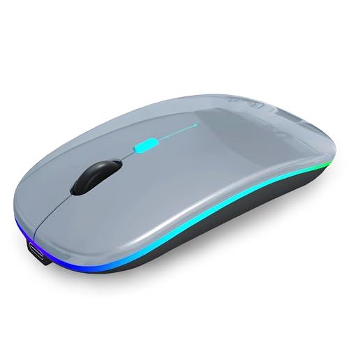 AIKOKOK Wireless Bluetooth Mouse Rechargeable Laptop Mice with LED Use Portable(BT5.2 and USB 2.4G) Dual Mode Connection Silent Slim Computer Mouse for Laptop/iPad Tablet/Apple MacBook/PC(Grey)