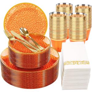 Rubtlamp 350 Pcs Plastic Dinnerware Set (50 Guests), Orange And Gold Plastic Plates, Hammered Party Plates Set Include Dinner Plates, Dessert Plates, Cups&Cutlery Set And Napkins for Wedding And Party