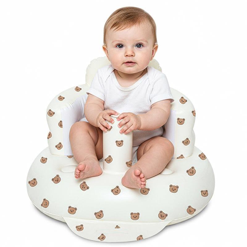 Inflatable Baby Seat for Babies 3-36 Months Blow Up Chair for Babies Infants Toddler Floor Sitting Up with Built in Air Pump (White, Bear Head)