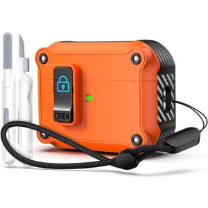 R-fun for AirPods Pro 2nd Generation 2024/2023(USB-C),2022(Lightning Cable),1st Gen 2019 Charging Case, [Auto Pop-Up Lid Design] Heavy Duty Protection Case with Cleaner Kit and Lanyard,Orange