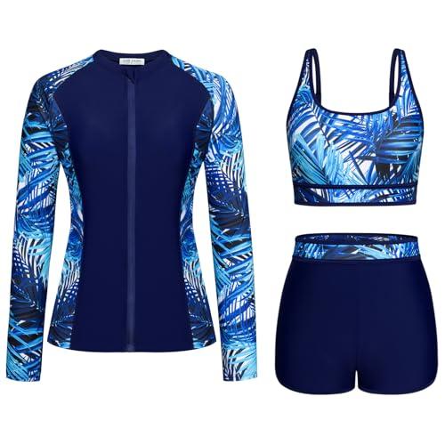 Womens Rash Guard Swimsuits Long Sleeve UV UPF 50+ Sun Protection Printed Zipper Surfing Three Piece Swimsuit Bathing Suit Blue Leaf XL