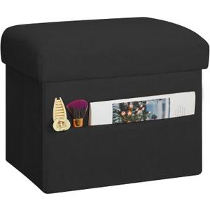 Small Ottoman with Storage, Folding Foot Rest Stool with Thicker Furry Padded Seat. Soft Fur Storage Ottoman Bench for Bedroom Living Room, Holds Up to 300 lbs, 17x13x13IN (Black)